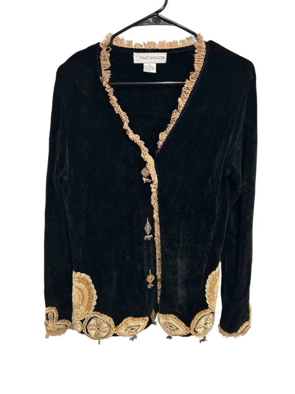 That Sweater Black Velvet Cardigan With Gold Embroidered Trim & Unique Buttons S